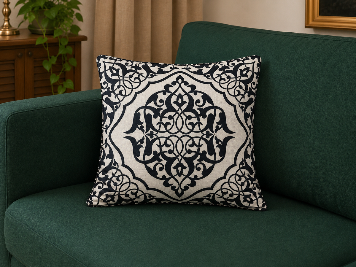 A square throw pillow with a black and white ornate damask pattern, resting on a dark green sofa in a living room setting.