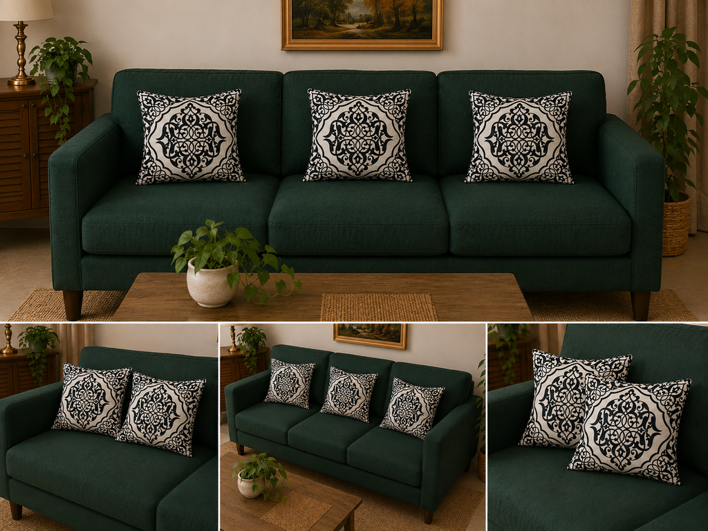 A dark green upholstered sofa shown in a staged living room setting, with three black-and-white patterned throw pillows. The main view is centered above three smaller inset views showing different angles of the sofa and close-ups of the pillows.