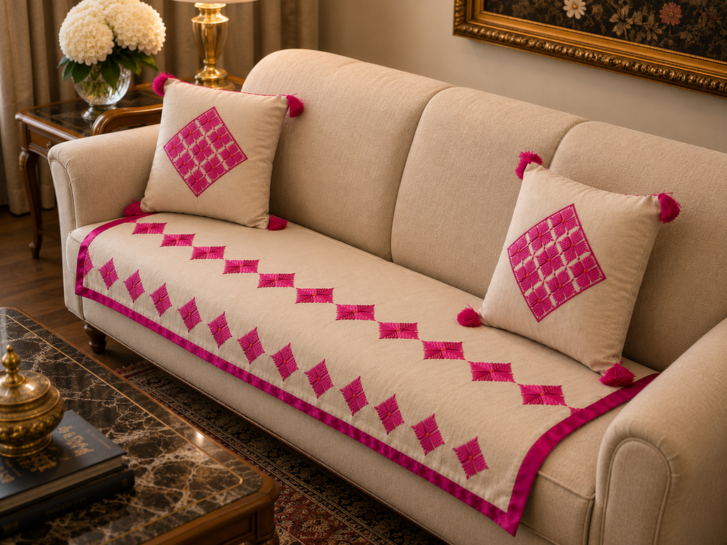 A beige upholstered sofa in a decorated living room, covered with a cream sofa slipcover featuring bright pink embroidered diamond patterns and matching throw pillows with pink tassels.