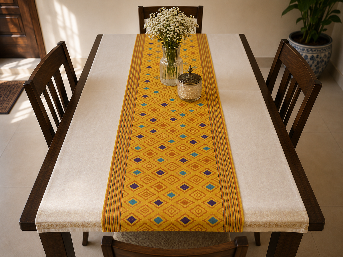 Hand Block Printed Cotton Table Runner – Mustard Yellow Geometric Diamond Design