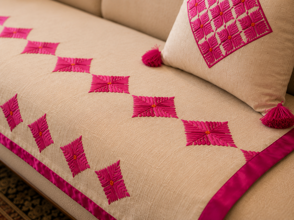 Hand-Embroidered Sofa Runner Set – Cream Cotton with Fuchsia Geometric Embroidery