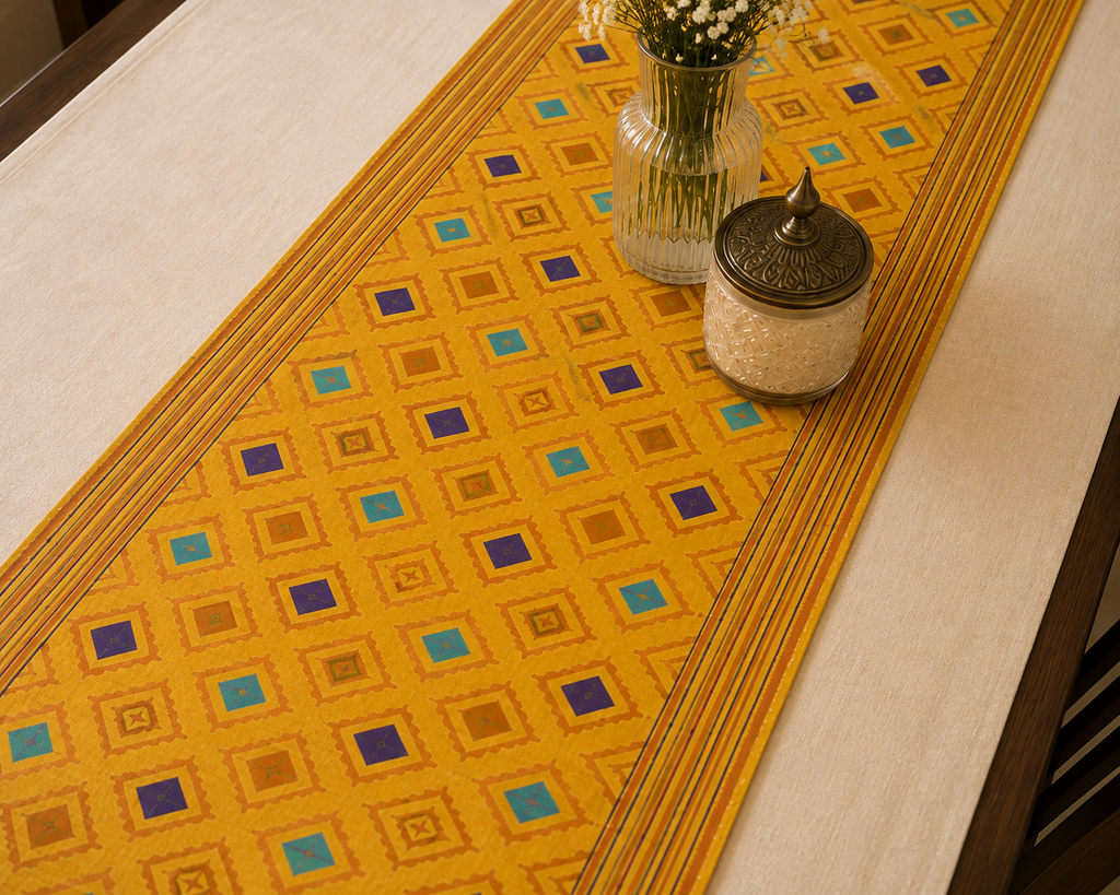 Hand Block Printed Cotton Table Runner – Mustard Yellow Geometric Diamond Design