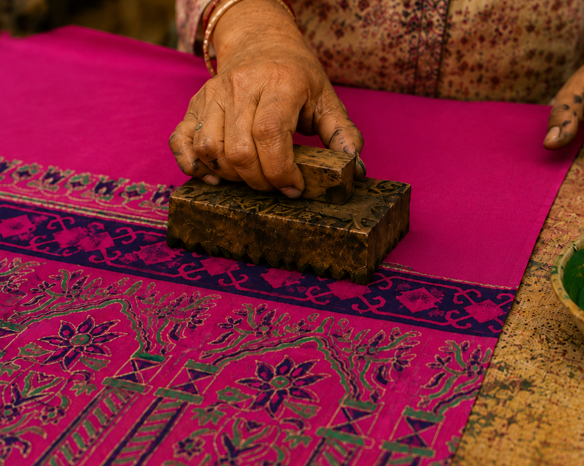 A close-up of a person's hands pressing a dark wood block stamp onto a bright pink fabric, creating a purple and green patterned textile. A small bowl of green dye is visible on the right, set on a rustic wooden table.