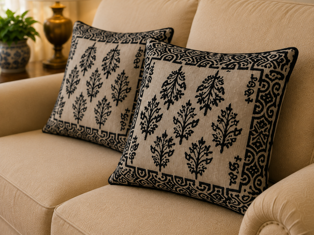 Two square throw pillows with black botanical and border patterns on a beige fabric background, styled on a beige sofa.