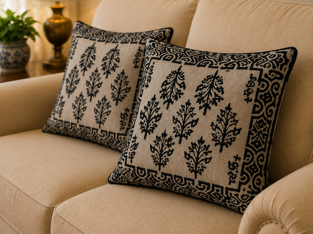 Two square throw pillows with black botanical and border patterns on a beige fabric background, styled on a beige sofa.