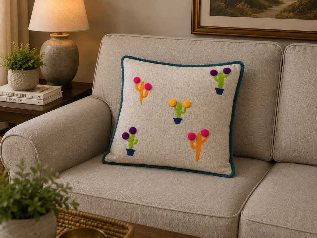 A square beige throw pillow with a dark teal border and colorful embroidered cactus designs, resting on a light gray fabric sofa in a cozy living room setting.