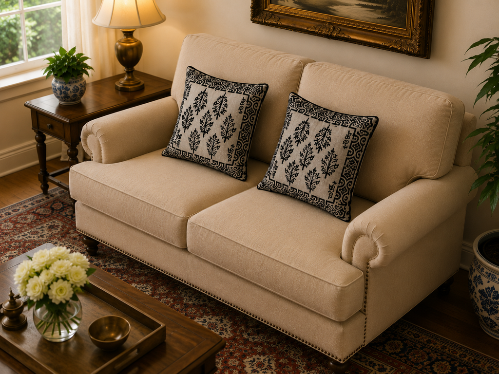 A cream-colored two-seater sofa in a cozy living room setting, styled with two matching throw pillows that feature a black and white botanical pattern. The sofa is positioned on a patterned area rug next to a wooden side table with a lamp and a framed picture on the wall.