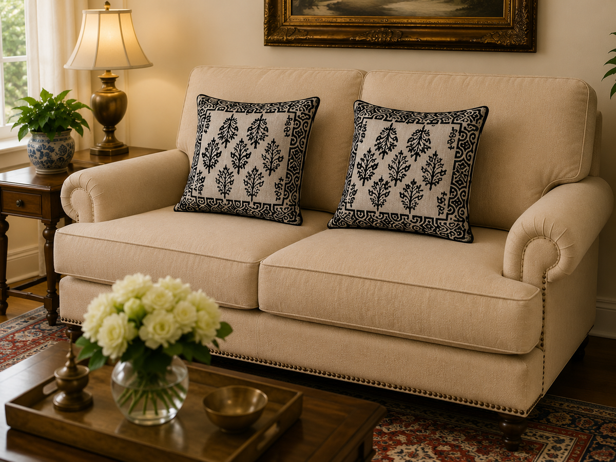 A beige upholstered loveseat in a styled living room, with two decorative throw pillows featuring a black botanical damask pattern on a cream background. The scene includes a wooden coffee table with white flowers, a side table with a lamp and plant, and a patterned rug.