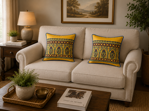 Two square decorative throw pillows with a vibrant yellow and multicolor geometric arch pattern, styled on a cream-colored sofa in a cozy living room setting.