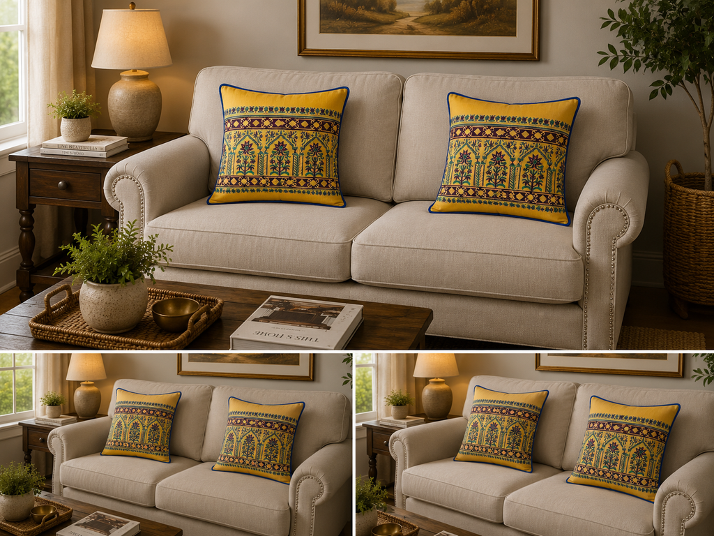 A beige upholstered sofa in a styled living room with two decorative square throw pillows featuring a yellow, red, and blue geometric pattern. The image includes a large main view and two smaller duplicate views along the bottom.