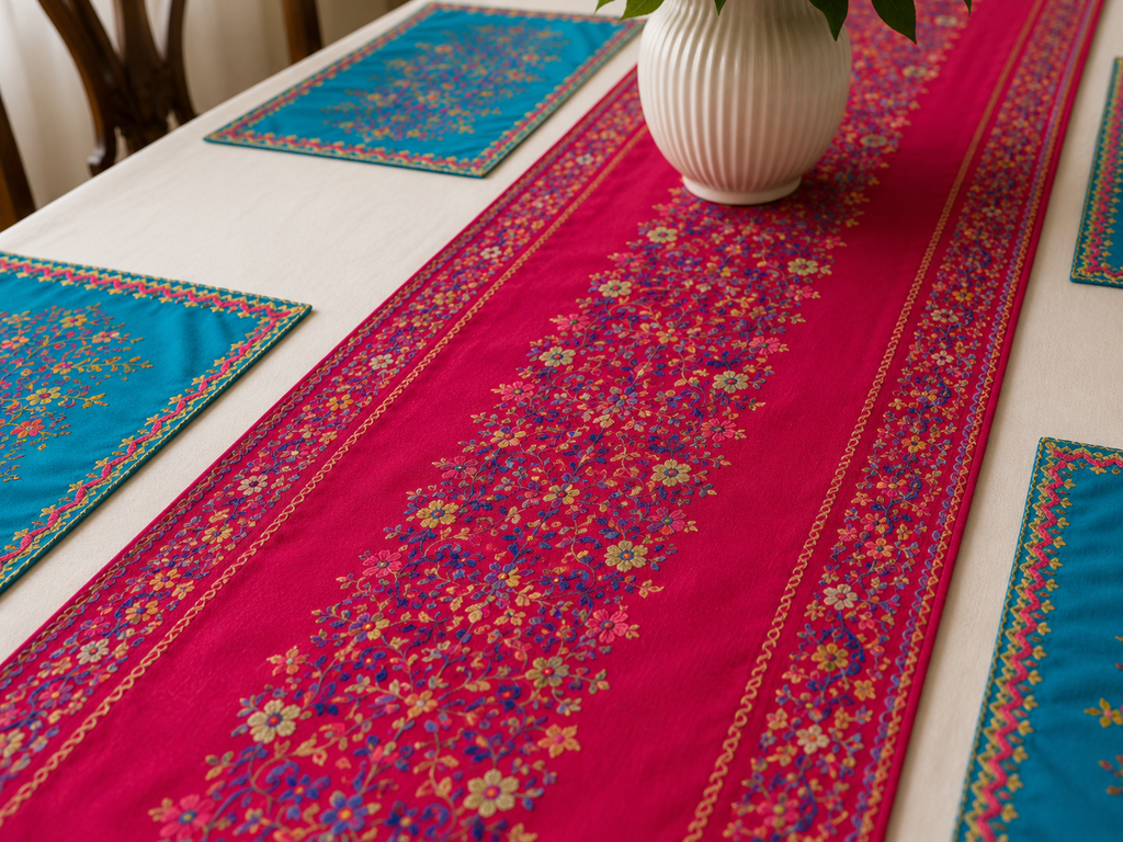 A bright pink table runner with intricate multicolor floral embroidery, laid on a white dining table alongside turquoise placemats and a white ribbed vase.