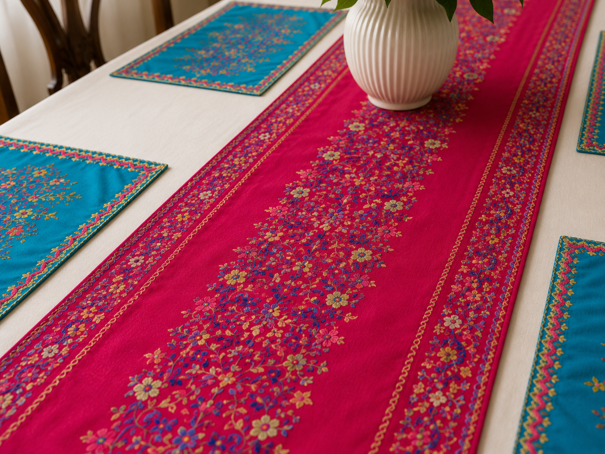 A bright pink table runner with intricate multicolor floral embroidery, laid on a white dining table alongside turquoise placemats and a white ribbed vase.