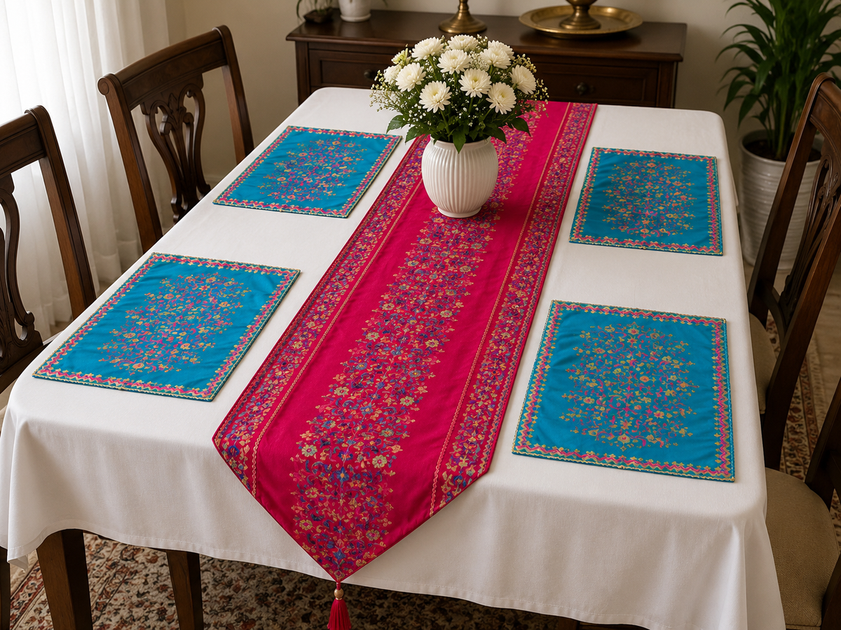 A dining table set with a white tablecloth, a bright pink floral runner, four turquoise blue placemats with gold and red patterns, and a white vase of flowers in the center.