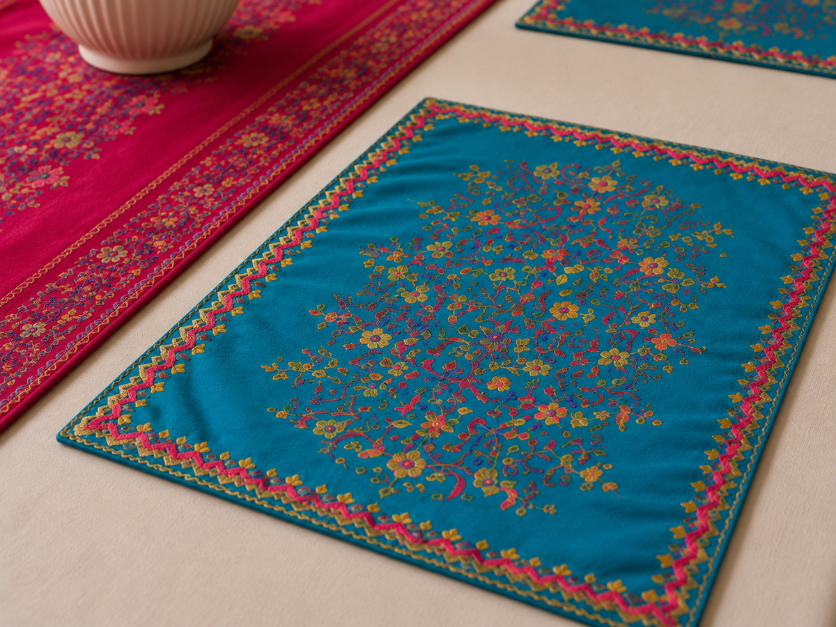 A square turquoise embroidered placemat with a floral tree design and colorful border, shown on a light beige tabletop alongside other patterned textiles.