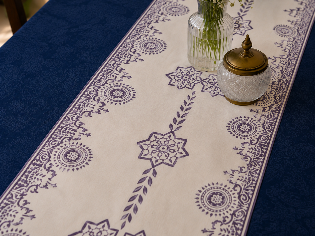 An off-white table runner with a purple floral and geometric pattern laid out on a dark blue table, styled with a glass vase and a small glass jar with a brass lid.