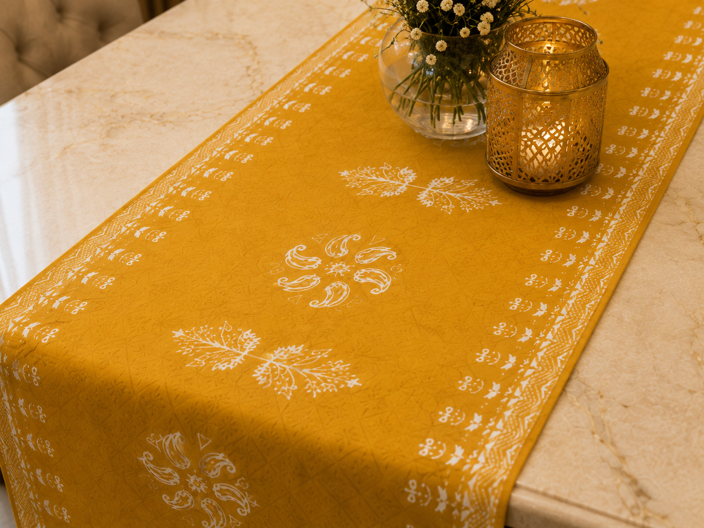 A mustard yellow table runner with white embroidered floral and geometric patterns, draped over a light marble table alongside a glass vase and a gold-toned candle holder.