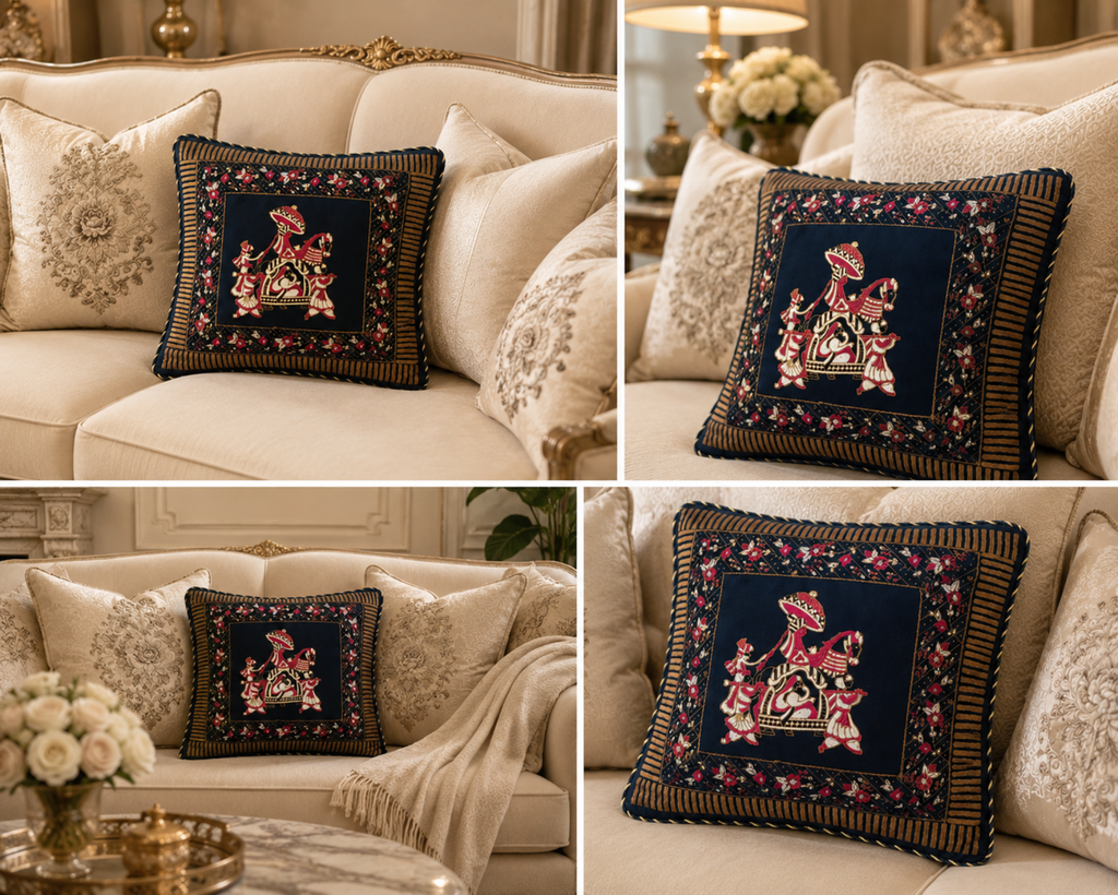 A four-panel collage showing a decorative square throw pillow placed on a cream sofa in a styled living room. The pillow has a dark navy center with a colorful embroidered or printed horse motif and a striped border, surrounded by neutral accent pillows.