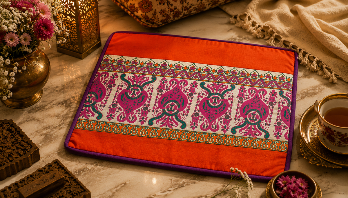 A rectangular decorative  cushion cover with a bright orange-red border, purple trim, and a central white panel featuring pink and teal ornamental motifs, styled on a marble surface with flowers, a lantern, a cup of tea, and a throw blanket nearby.