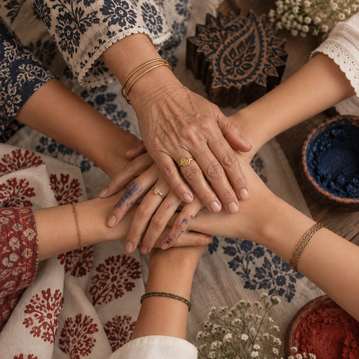 A group of people叠 their hands in a circle, wearing gold rings and bracelets, with colorful powders and traditional patterned fabrics around them.