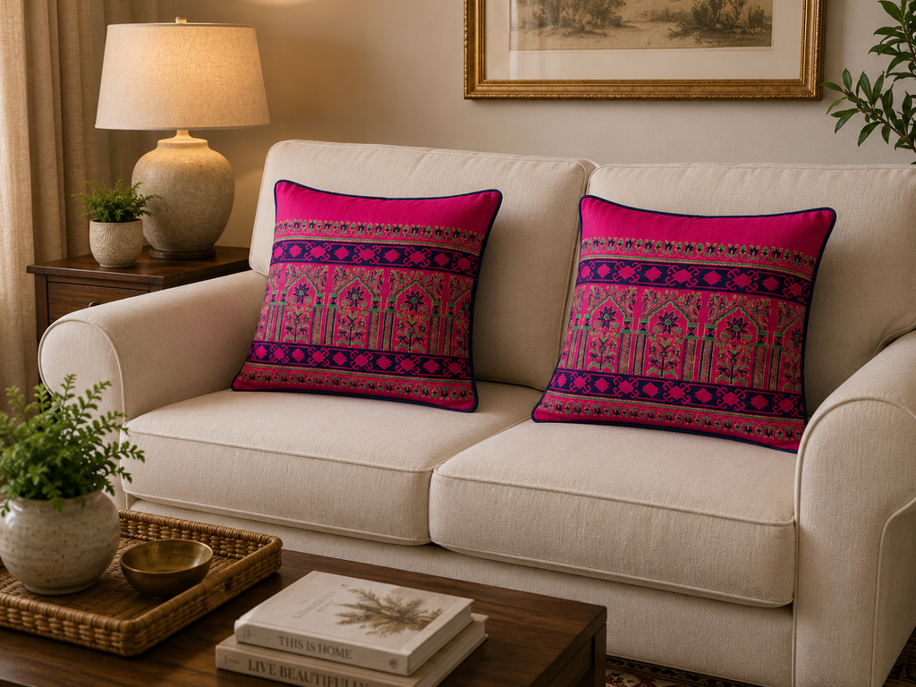 Two square throw pillows with vibrant magenta and purple bohemian patterns, styled on a cream-colored sofa in a warm, decorated living room.