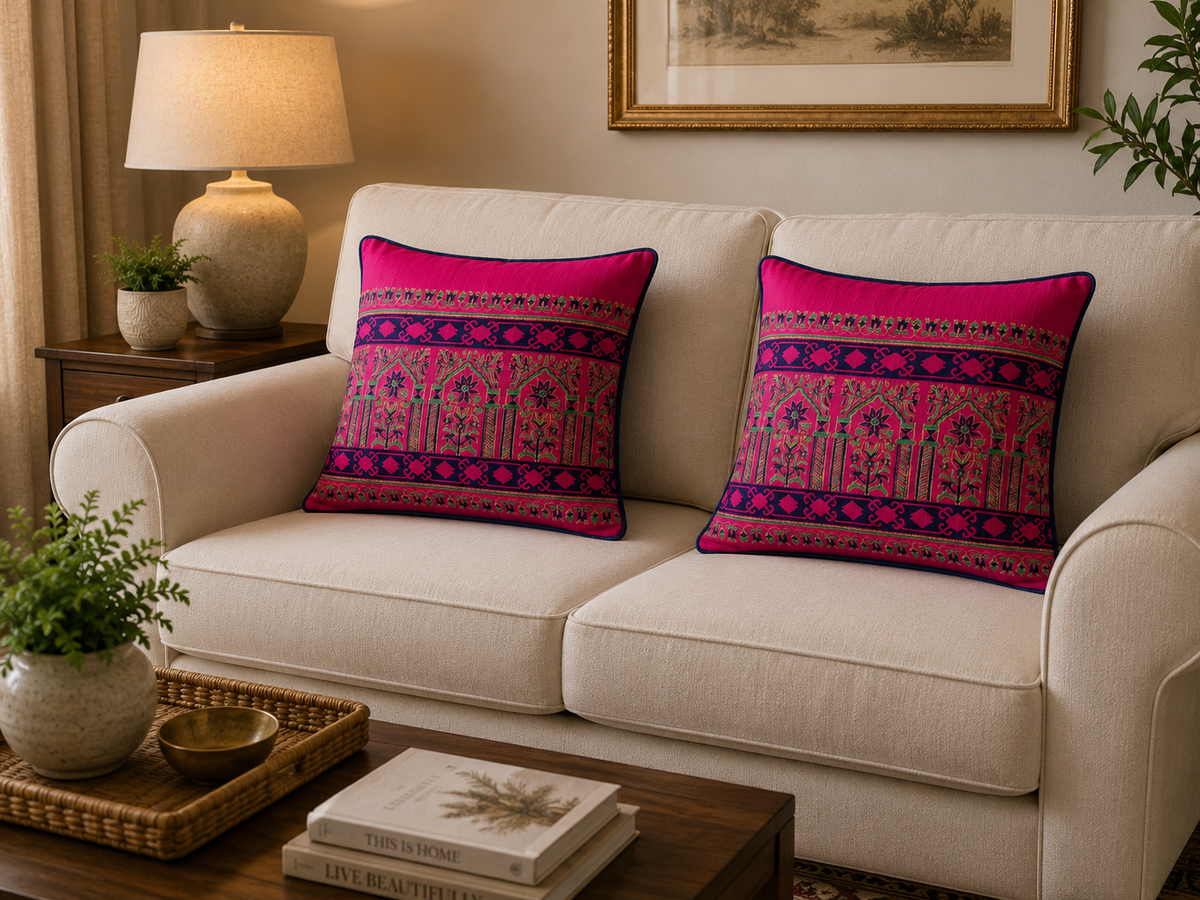 Two square throw pillows with vibrant magenta and purple bohemian patterns, styled on a cream-colored sofa in a warm, decorated living room.