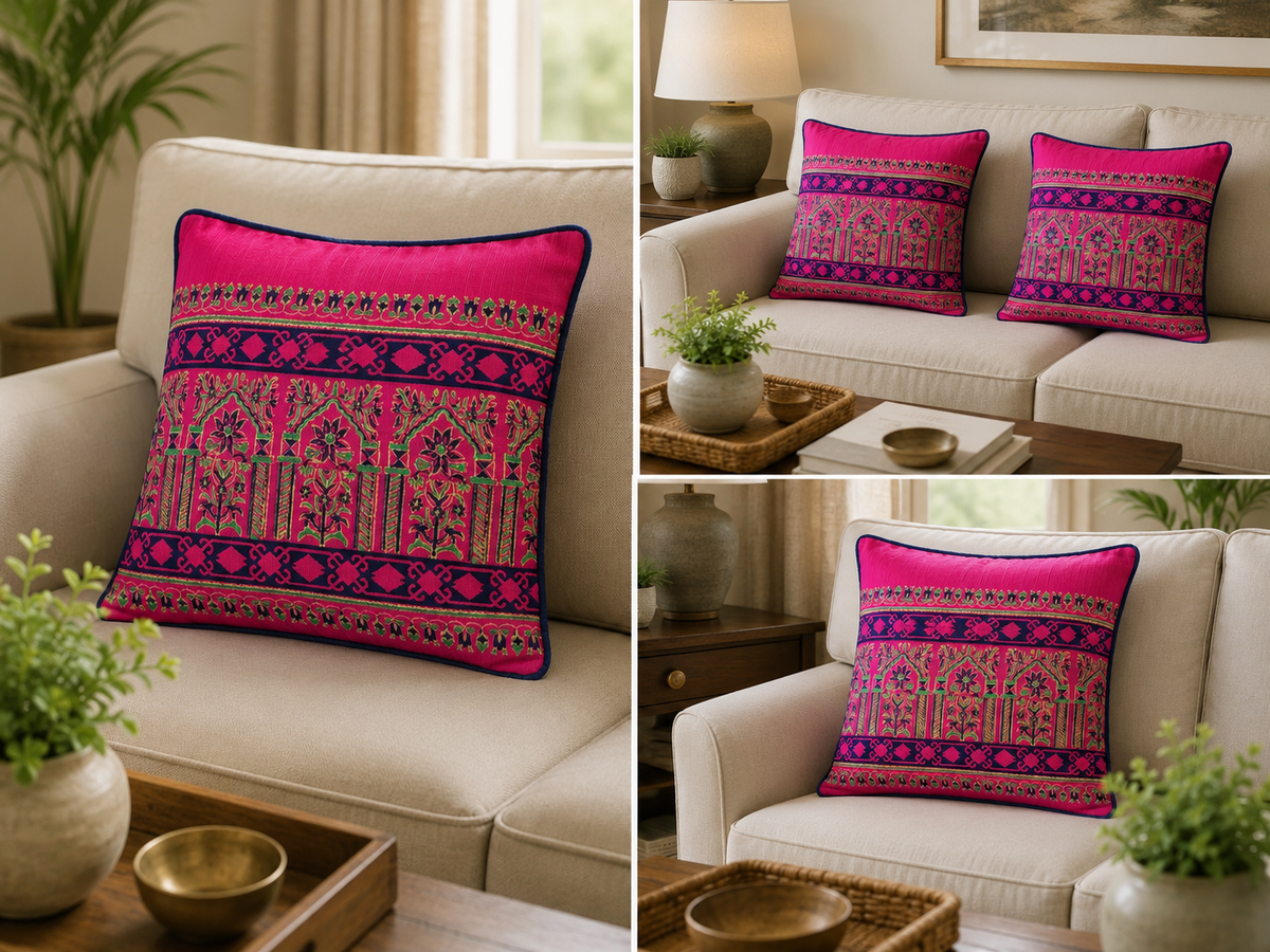 A collage showing a decorative throw pillow in a bright pink and purple embroidered pattern, styled on a cream sofa in a living room setting.