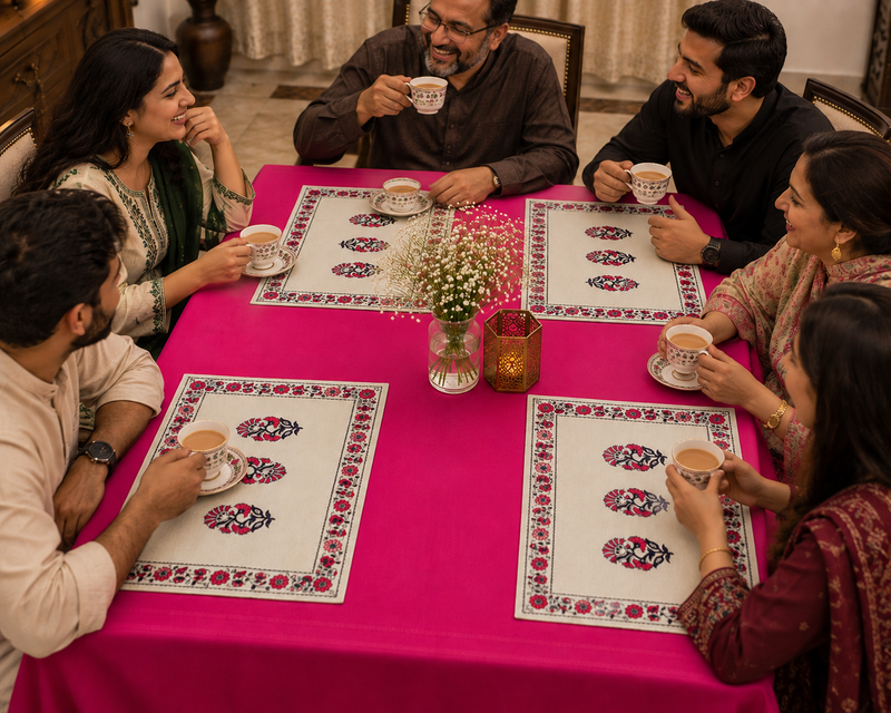 A group of five people gathered around a table covered with a bright pink tablecloth, each holding a teacup and saucer. The table is set with four matching rectangular placemats featuring a white center, red floral motifs, and a red border.