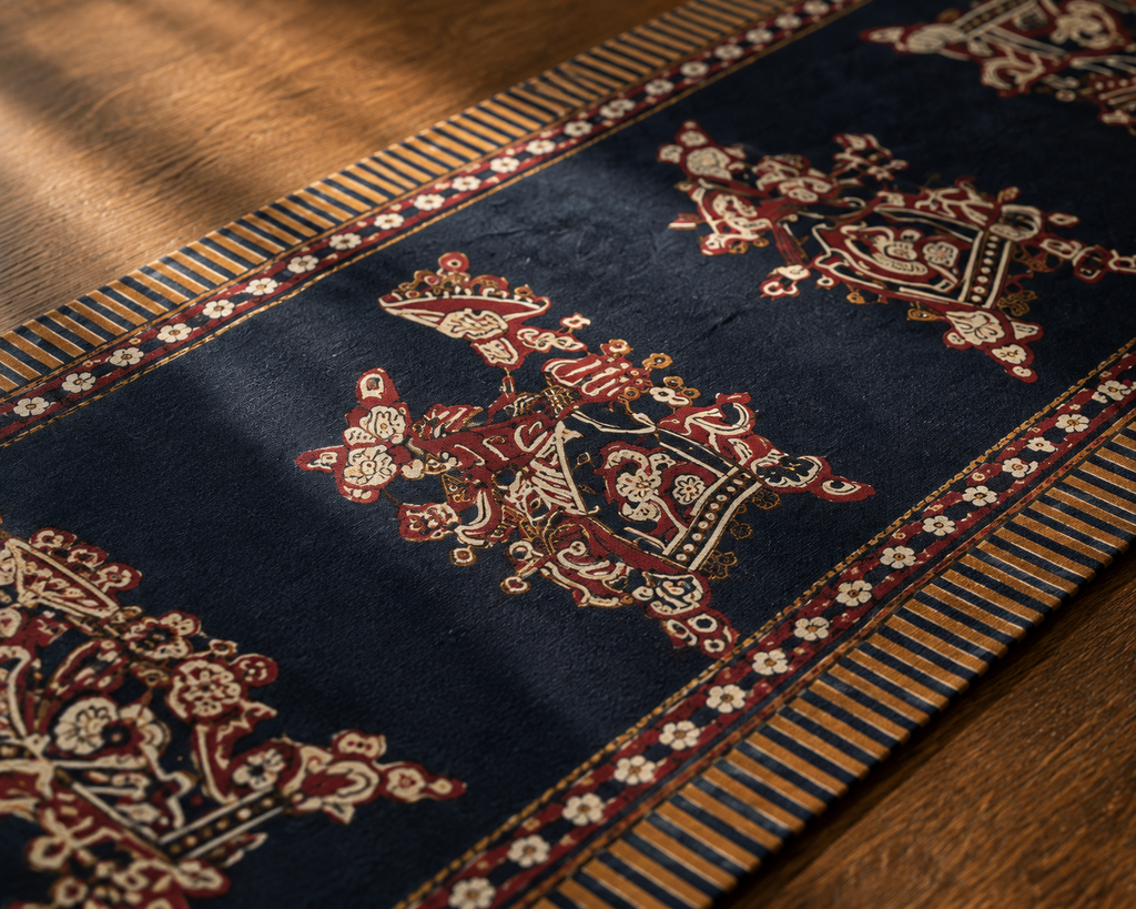 A close-up of a dark navy blue area rug with traditional ornate motifs in red, gold, and cream, laid out on a wooden floor.