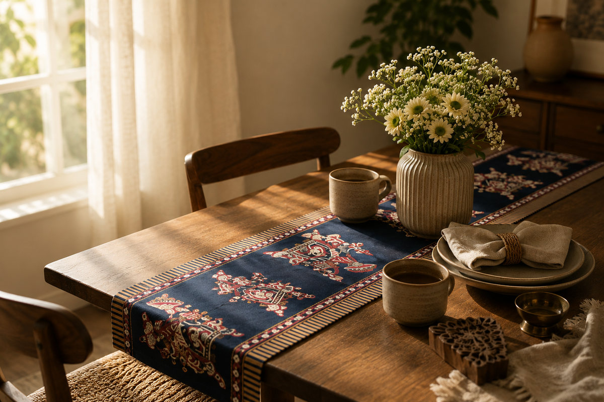 A navy blue table runner with intricate floral and geometric patterns in red, gold, and beige, styled on a wooden dining table with a vase of white flowers, ceramic mugs, and plates in a warm, sunlit room.