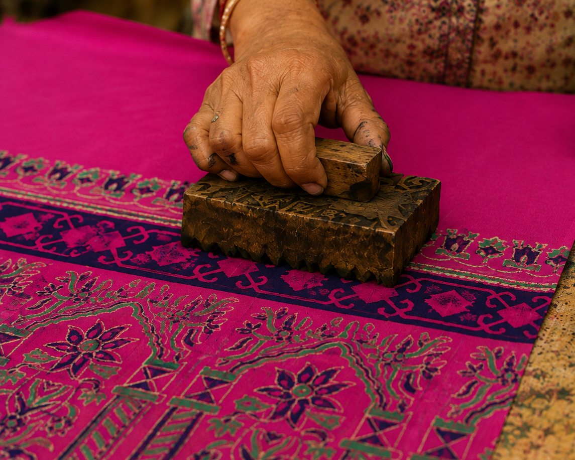 A close-up of hands using a dark wooden block to press a vibrant pink fabric with traditional floral and geometric patterns, alongside a small bowl of green dye.